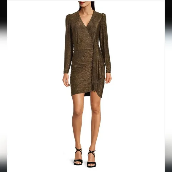 Alex Marie Dresses | Alex Mariechrissy Metallic Knit Surplice V-Neck Long Sleeve Faux Wrap Dress | Color: Black/Gold | Size: 2 | Enjoye97'S Closet
